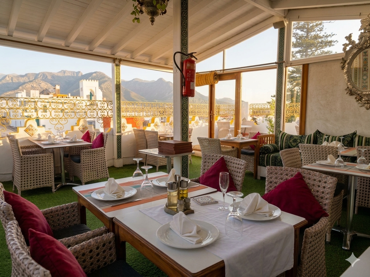 El Reducto — Open-air restaurant terrace with mountain views and elegant table settings