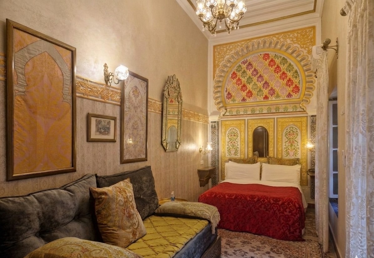 El Reducto — Marrakech Suite with vibrant Moroccan craftsmanship and ornate arch