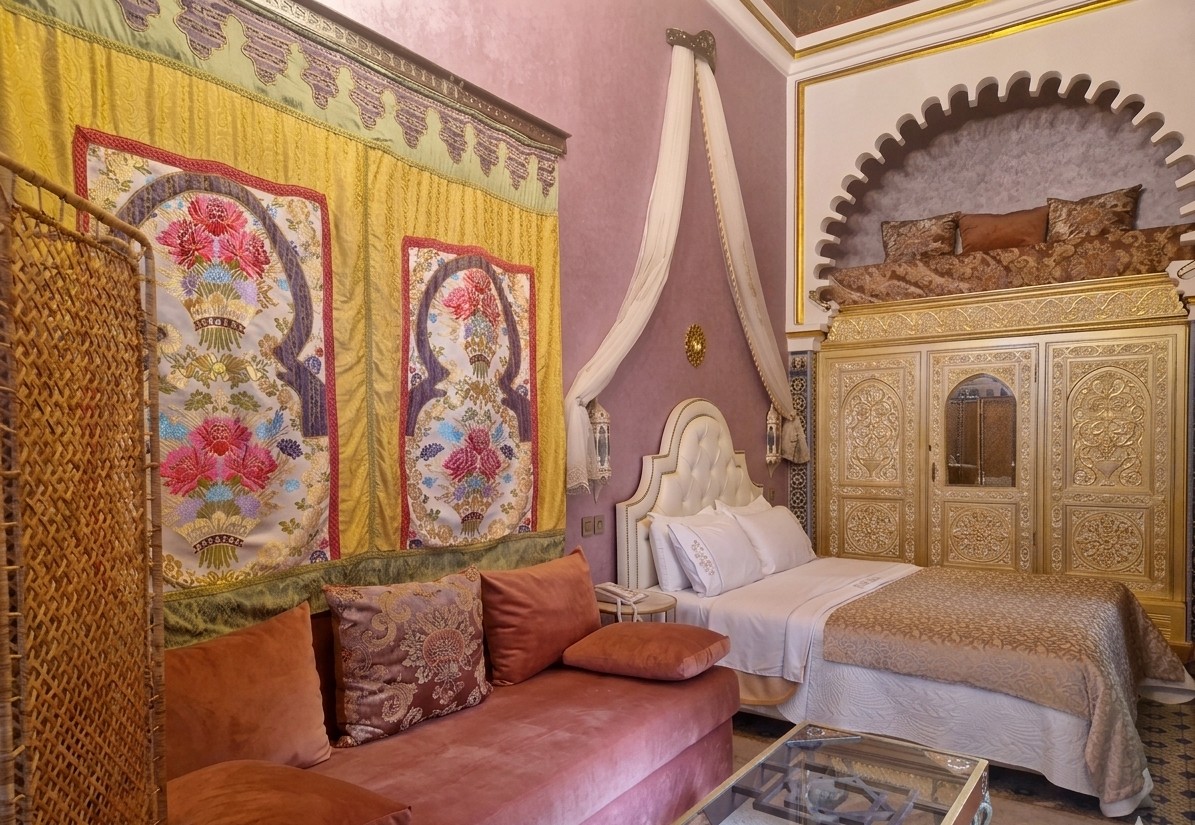 Bagdad Suite — Ornate room with colorful Moorish arch, golden carved woodwork and crystal chandelier
